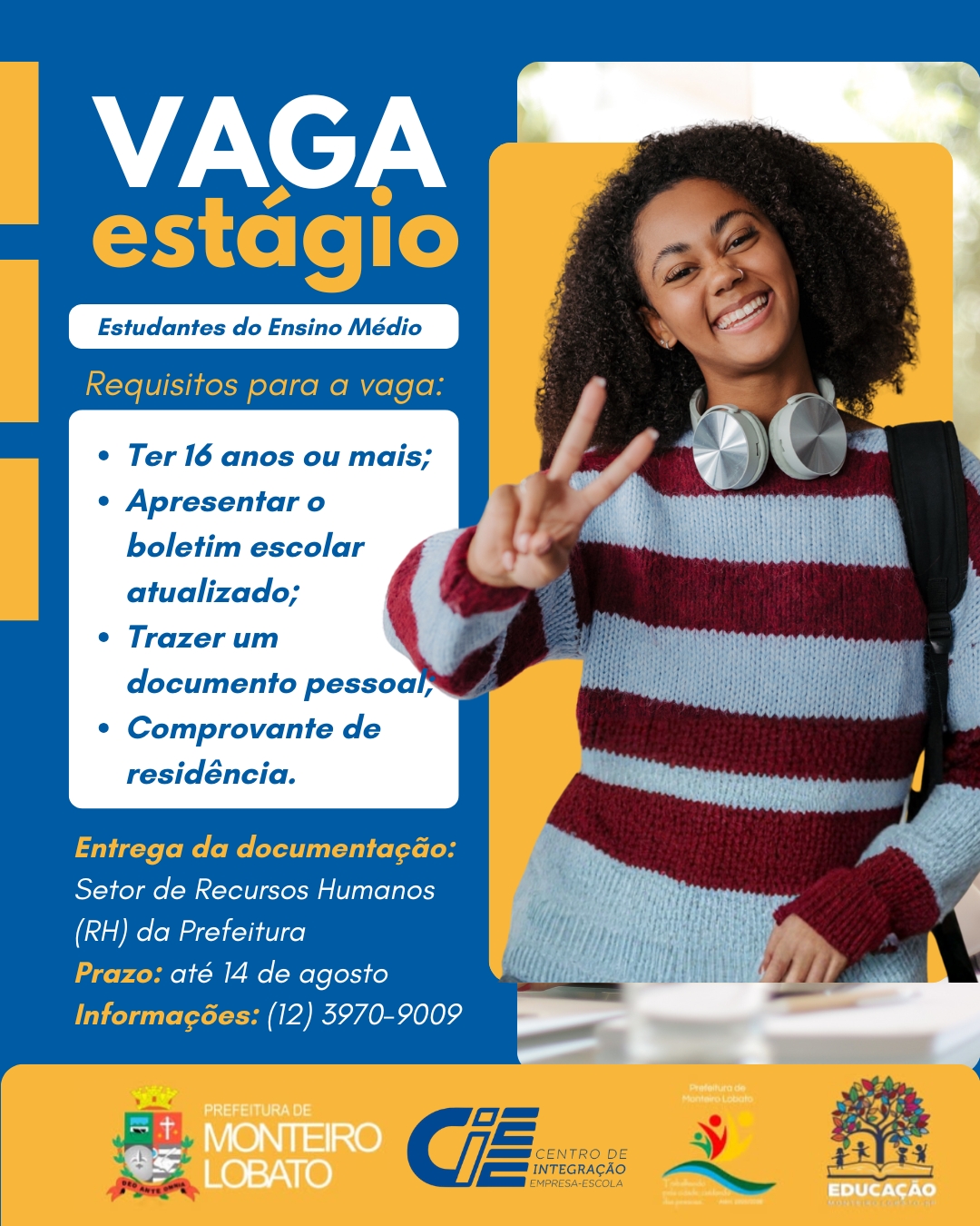 Prefeitura de Monteiro Lobato abre 3 vagas de estágio para estudantes do Ensino Médio